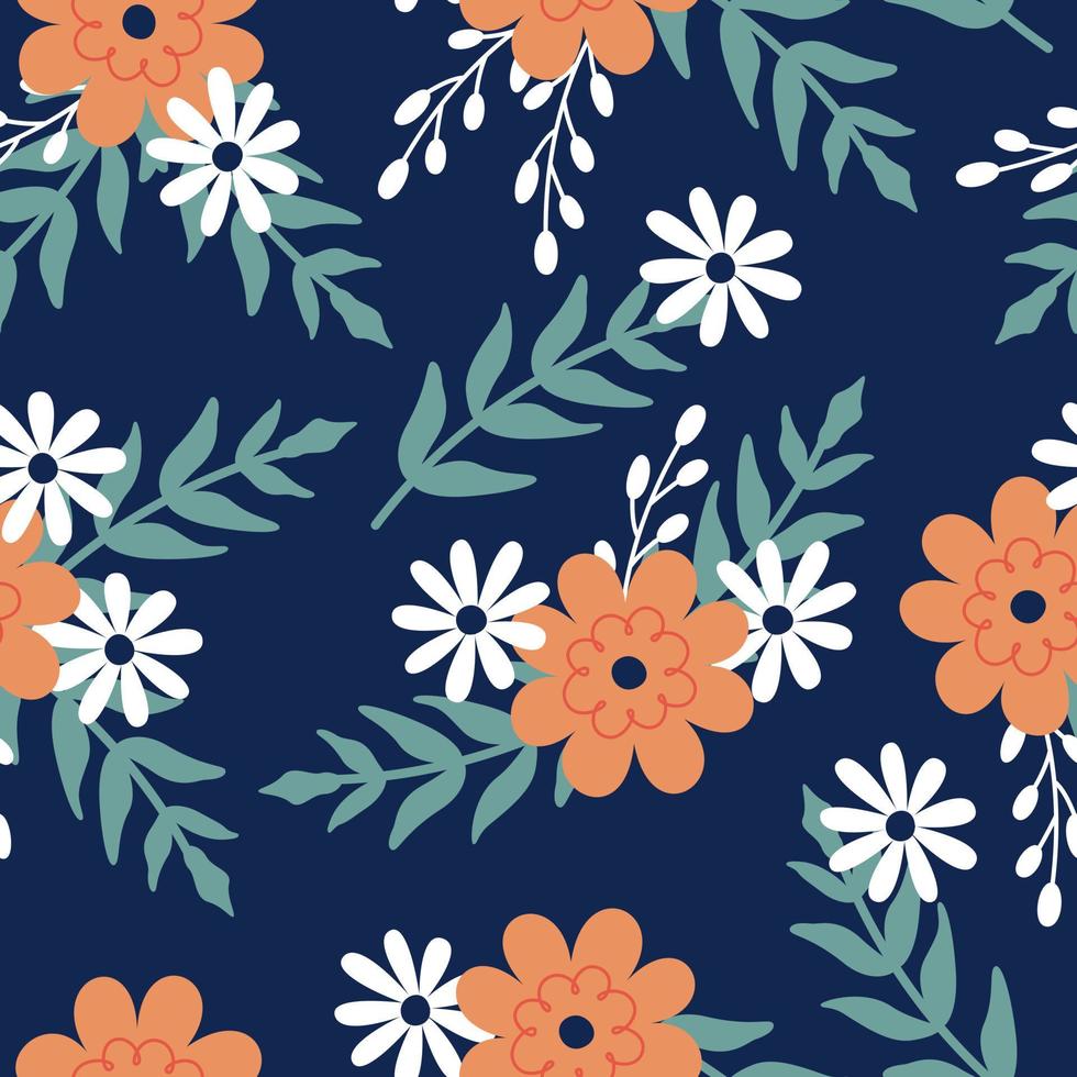 Spring vector flowers on a blue background. Seamless floral pattern for fabric.