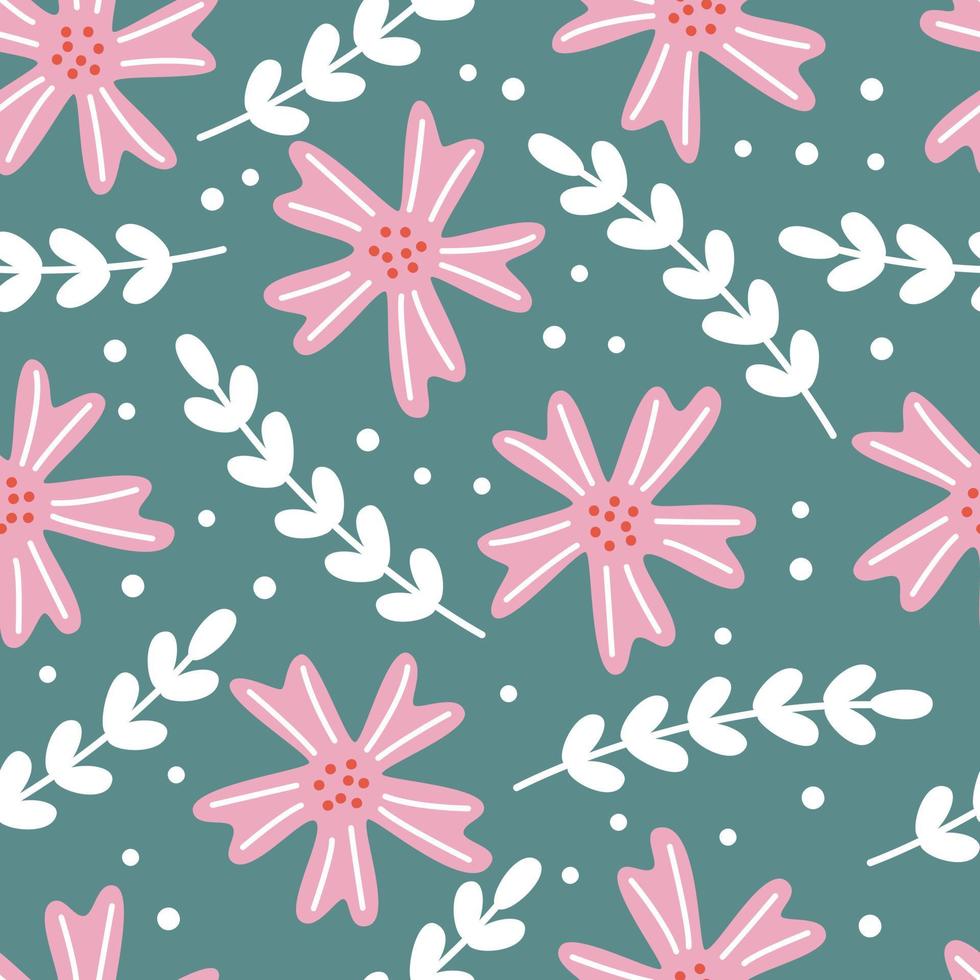 Cute seamless floral pattern with big pink flowers. Repeating print on a mint background. Design for fabrics, trendy wallpapers and modern ornaments vector