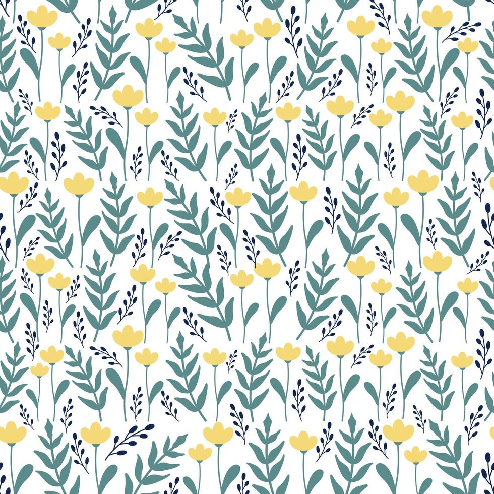 Seamless floral spring pattern. Yellow flowers and green leaves on a white background. Vector print for fabric