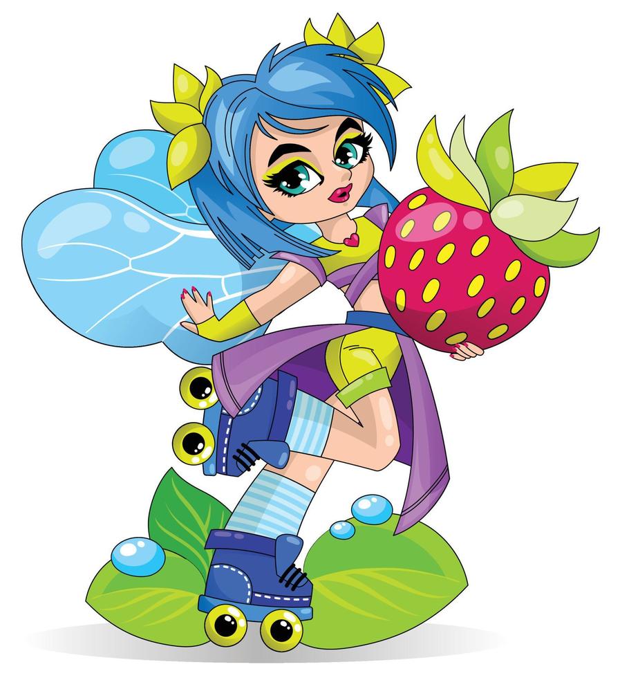 A little cute fairy girl with wings and a strawberry in her hands is rollerblading. Children's fashion illustration. vector