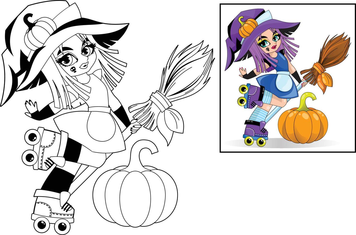 Little cute girl witch or sorceress is rollerblading with a broom. Children's coloring book. vector