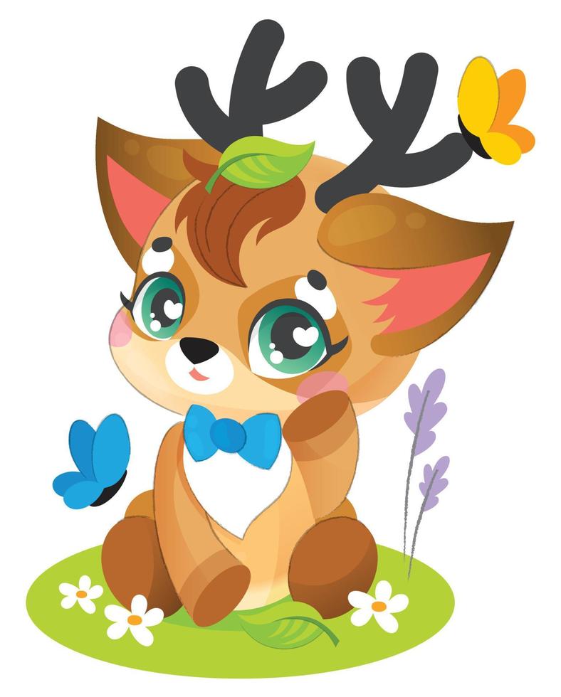 A cute little deer sits in a clearing, surrounded by butterflies. Children's preschool illustration. vector