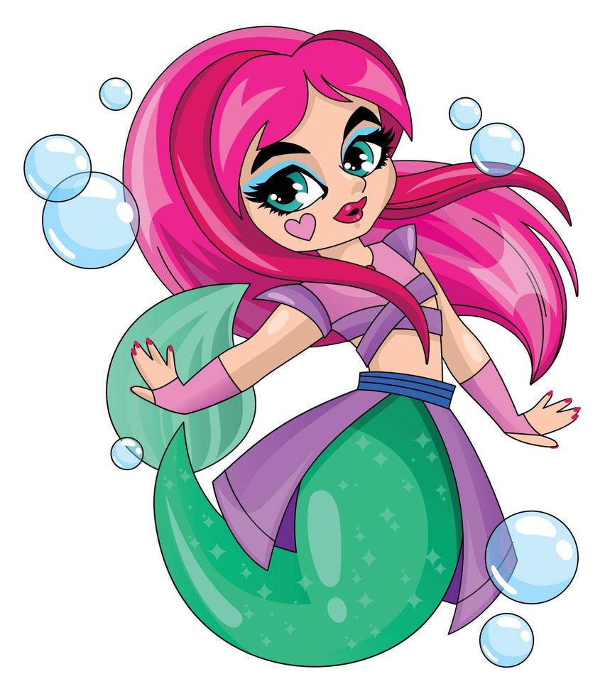 Little cute mermaid girl in an unusual fashionable costume. vector