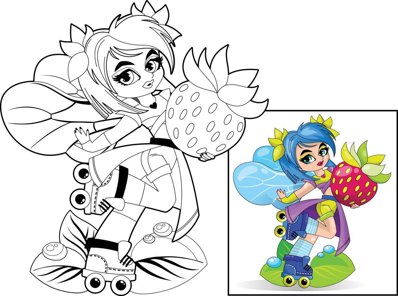 A little cute fairy girl with wings and a strawberry in her hands is rollerblading. Children's coloring book. vector