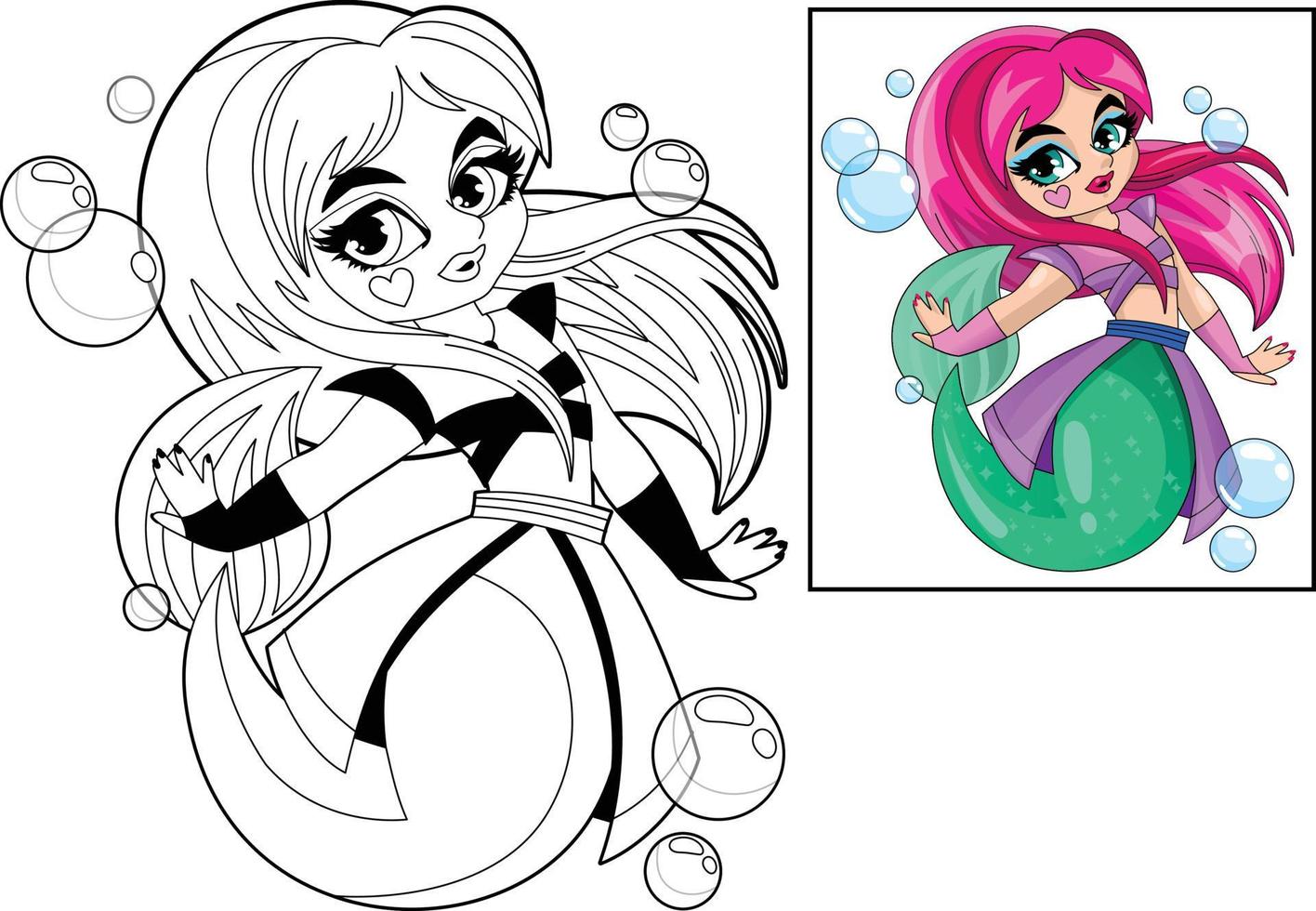 Little cute mermaid girl in an unusual fashionable costume. Children's coloring book. vector