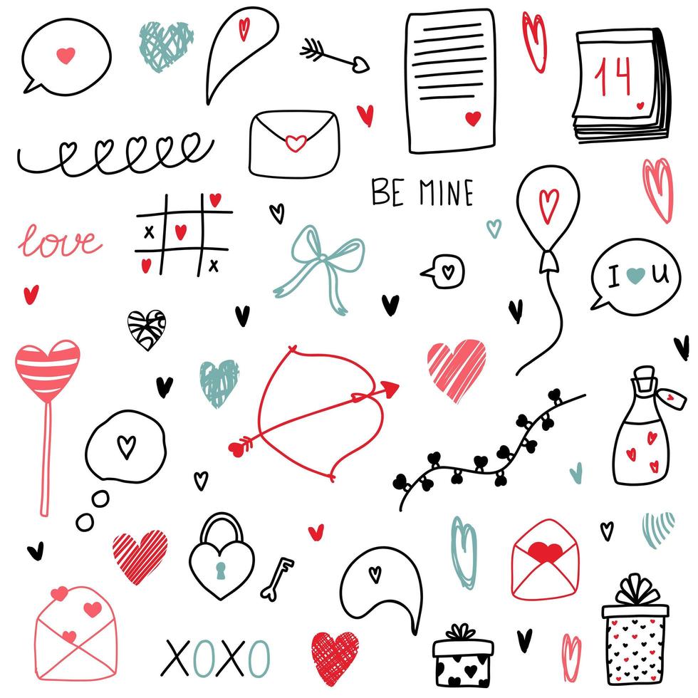 colorido amor clipart dibujado a mano garabatos para el día de san valentín con corazones, arco, flechas, veneno, letras, calendario, guirnalda, linternas, carta, regalo, globo, nube de conversación, globo de diálogo vector