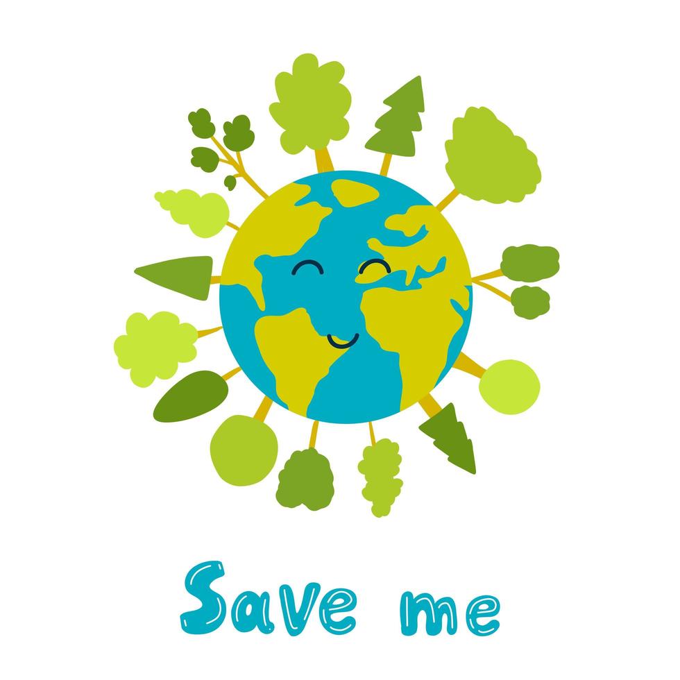 vector illustration of Earth planet with trees around in cartoon hand drawn style. Concept of save the planet, Earth Day, save the world, ecology and the environment