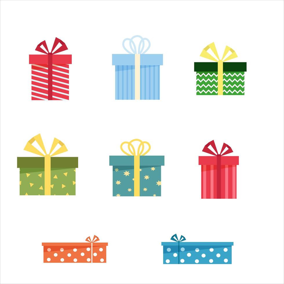 Vector set of gift box with ribbon in flat cartoon style. Colorful present box for celebration event
