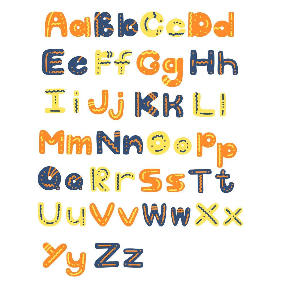 Colorful decorative English alphabet in yellow, orange, blue colors. Vector illustration of cute kids font for education, home decor, card, quotes, print