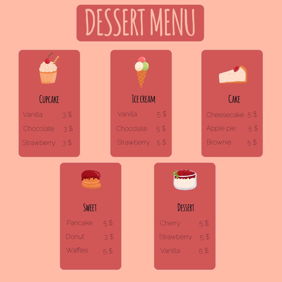 diseño de menú de postre vectorial simple con pasteles dulces, helados, panqueques, pastelitos en estilo de dibujos animados dibujados a mano vector