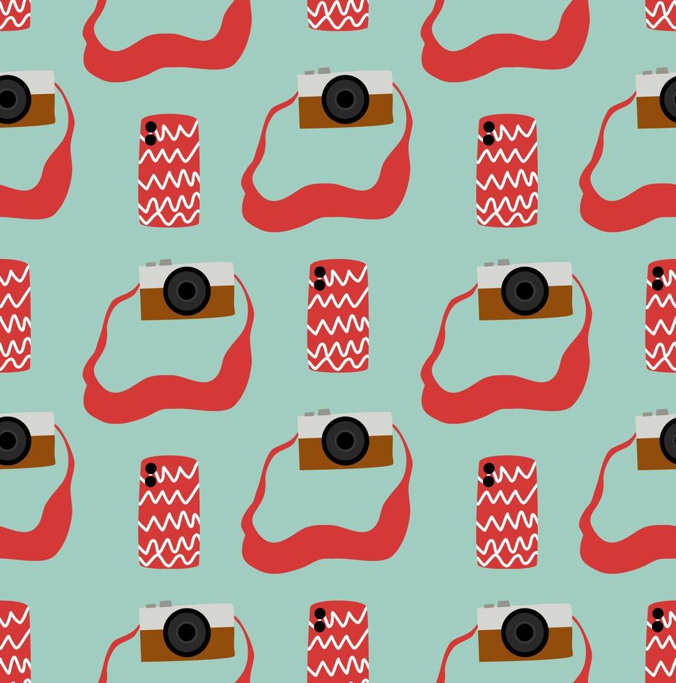 Green background with seamless pattern. Phone and camera patterns. Wrapping paper pattern. Travel and cafes. Background for decoration. vector