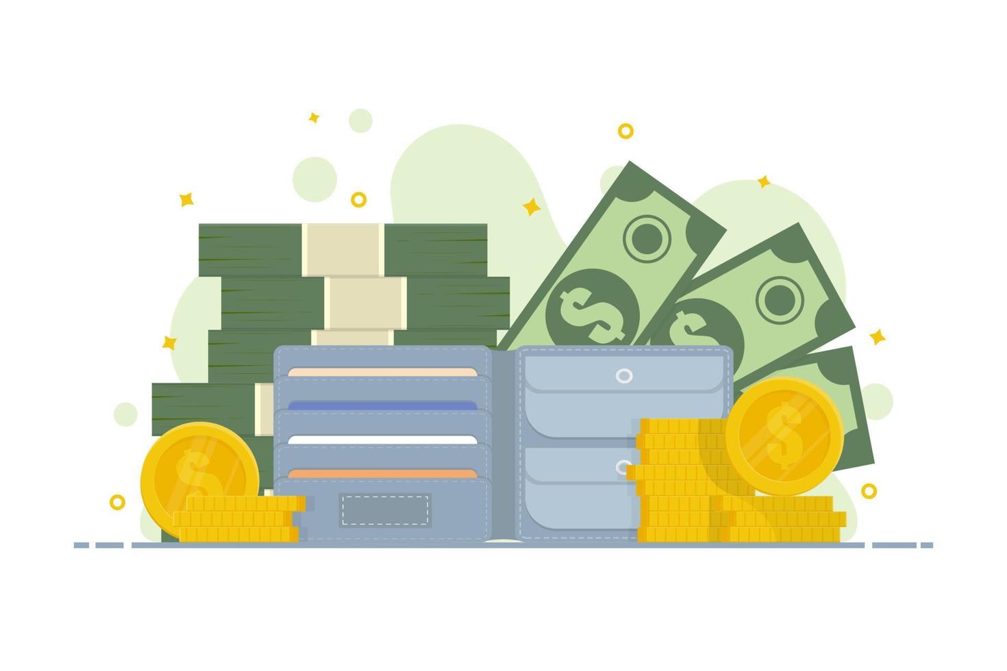 Business financial, Wallet with money pile, Vector illustration flat design style on isolated background.