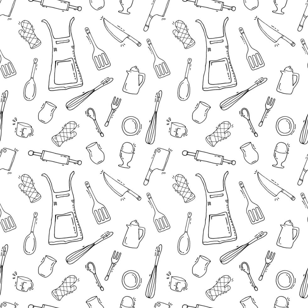 Seamless outline kitchenware, Vector drawing design for paper wrapping, packaging, decoration background.