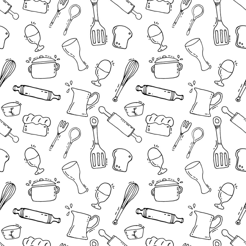 Seamless outline kitchenware, Vector drawing design for paper wrapping, packaging, decoration background.