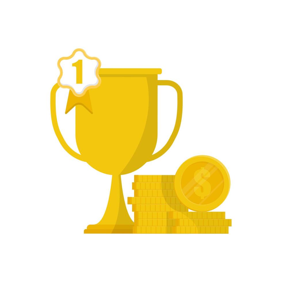 Winner trophy number one with gold coins stack on isolated background. vector