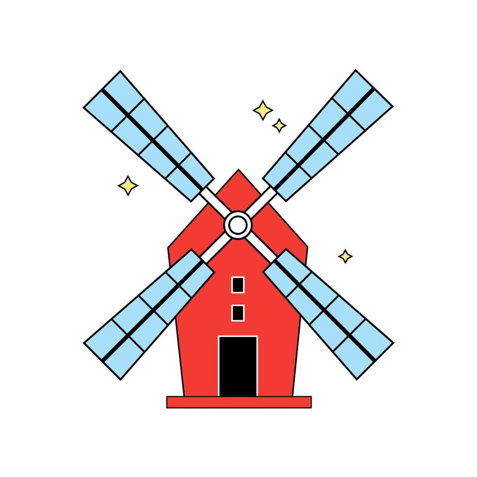 Cute red windmill isolated on white background. Flat vector illustration