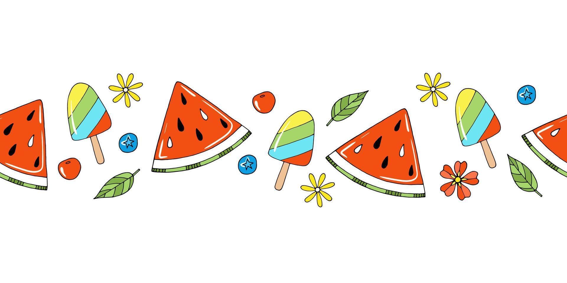 Summer horizontal vector border with cute watermelon, cherry, blueberries and ice cream. Hand drawn elements in doodle style on isolated white background