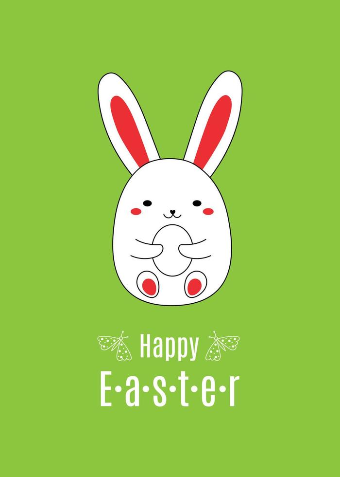 Cute little white bunny sitting and holding an egg in its paws. Funny Easter cartoon illustration with festive happy wishes for cards, posters, invitations vector