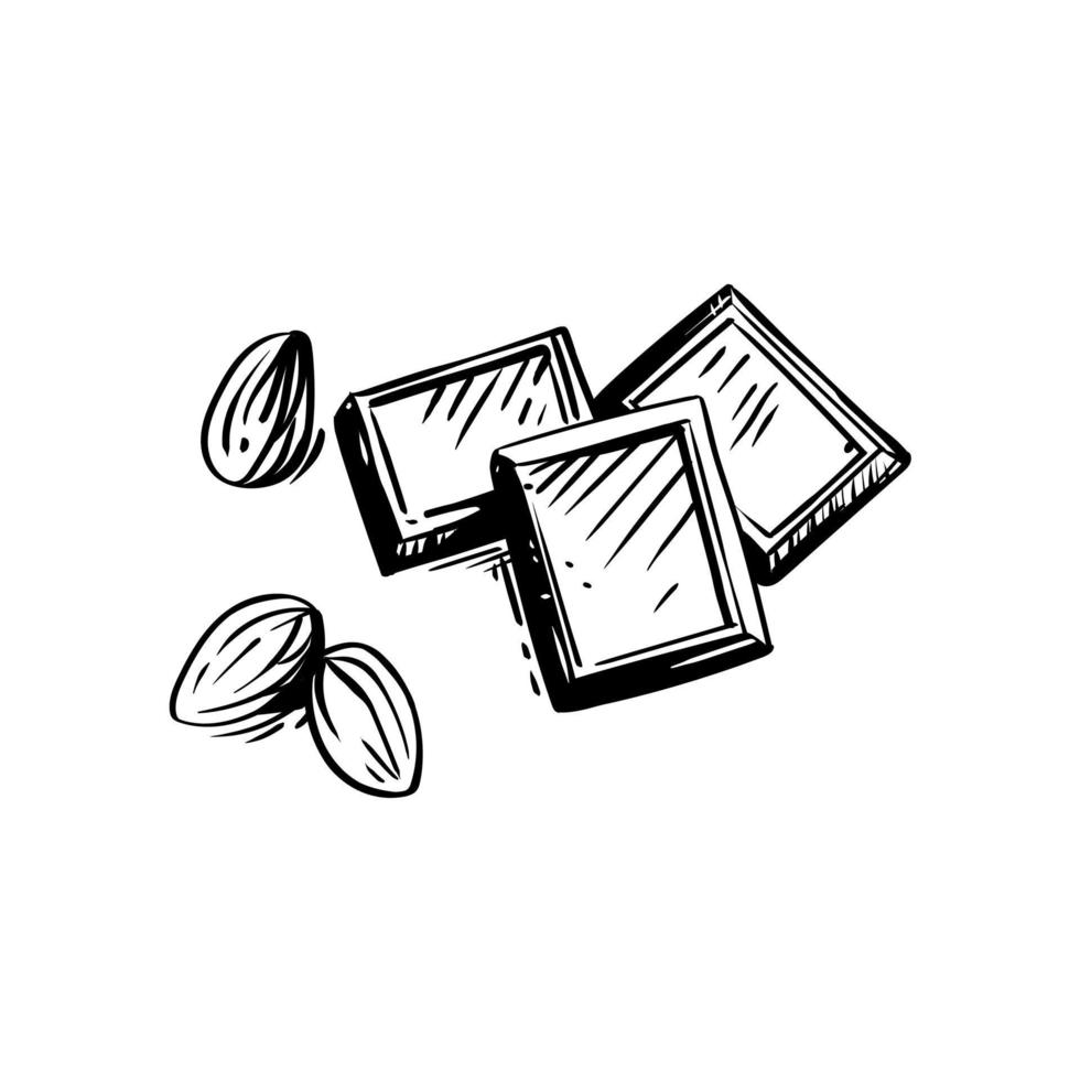 barra de chocolate rota y nuez de almendras. ilustración vectorial dibujada a mano en estilo boceto para el diseño de envases vector