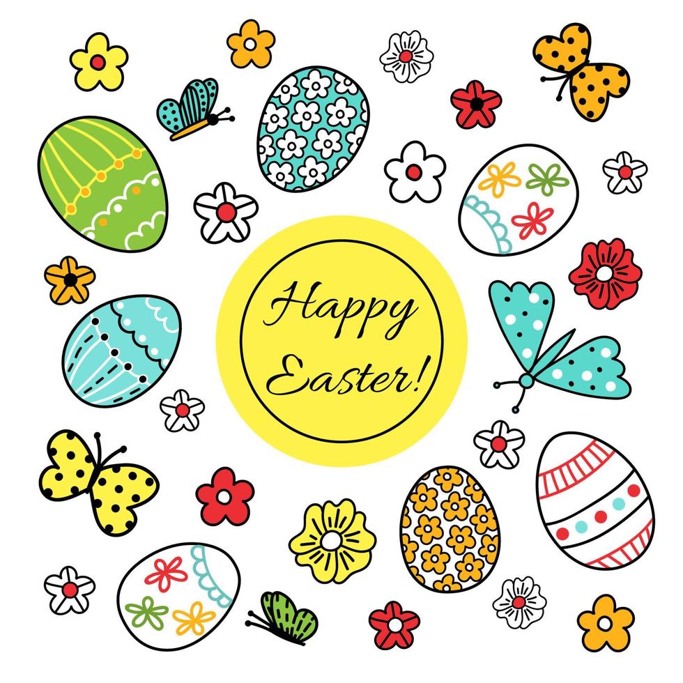 Cute colorful vector illustration - eggs, flowers and butterflies for Easter cards, stickers