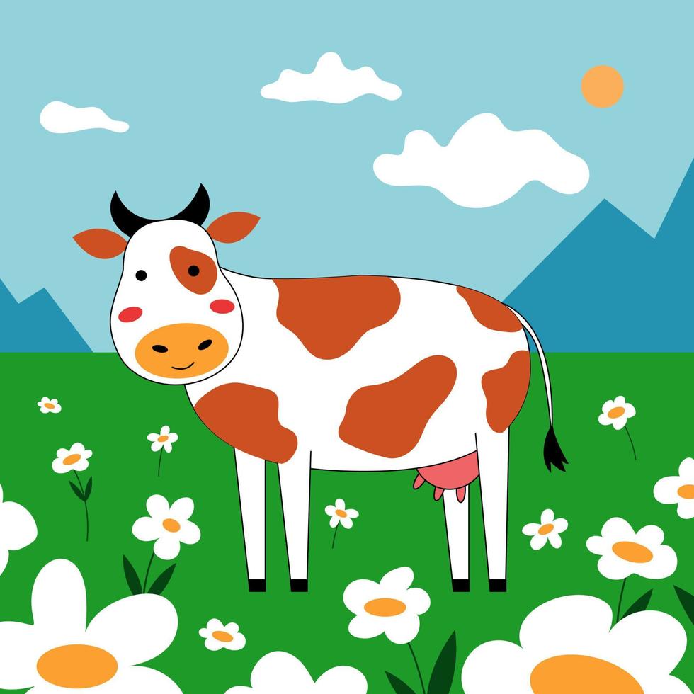 A cute cow grazes in a meadow with daisies. Kids vector illustration