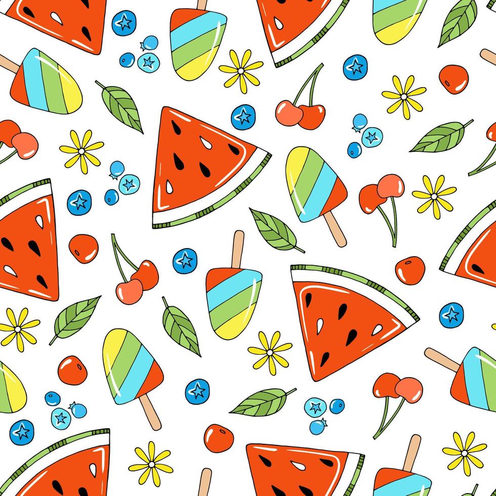 lindo patrón vectorial sin costuras con frutas de verano y helado. coloridos y divertidos elementos de garabatos dibujados a mano: sandía, cereza, arándano, flores y hojas sobre fondo blanco vector