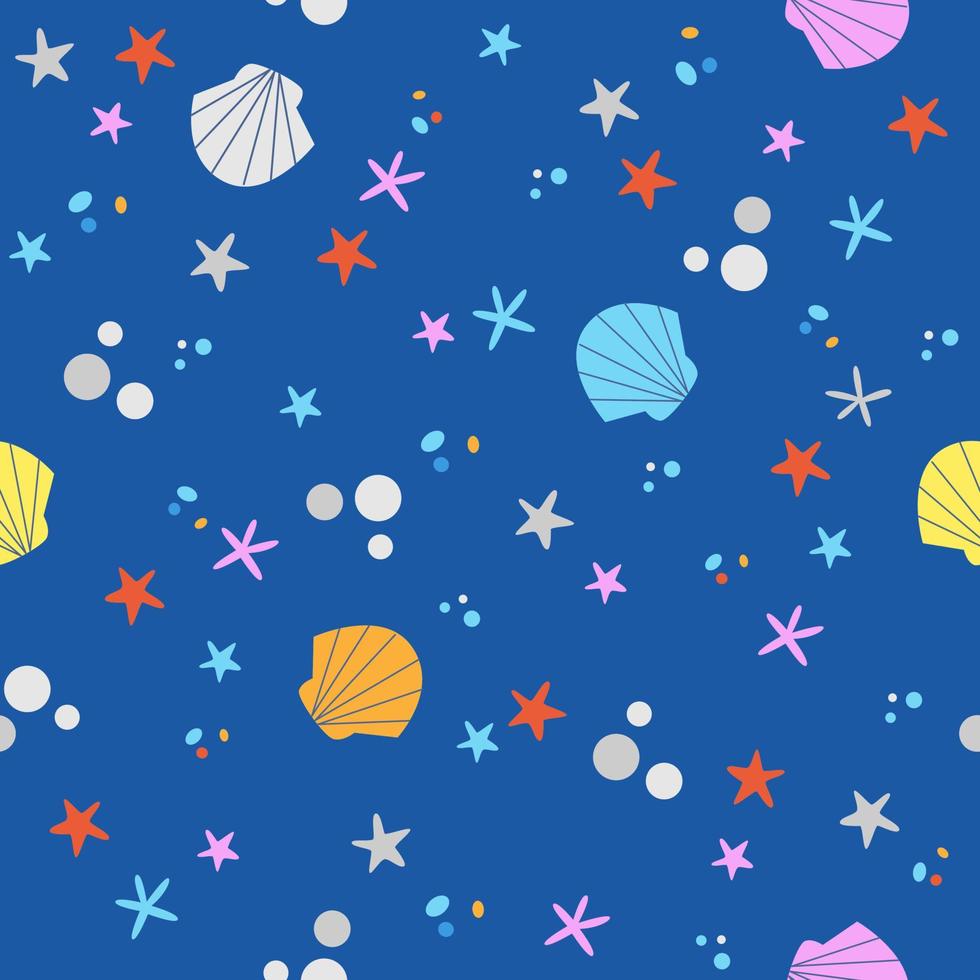 Cute sea seamless vector pattern with shells and pearls