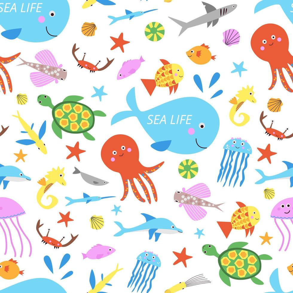 Cute sea animals summer seamless vector pattern for kids textile, wrapping paper or printing on any surface