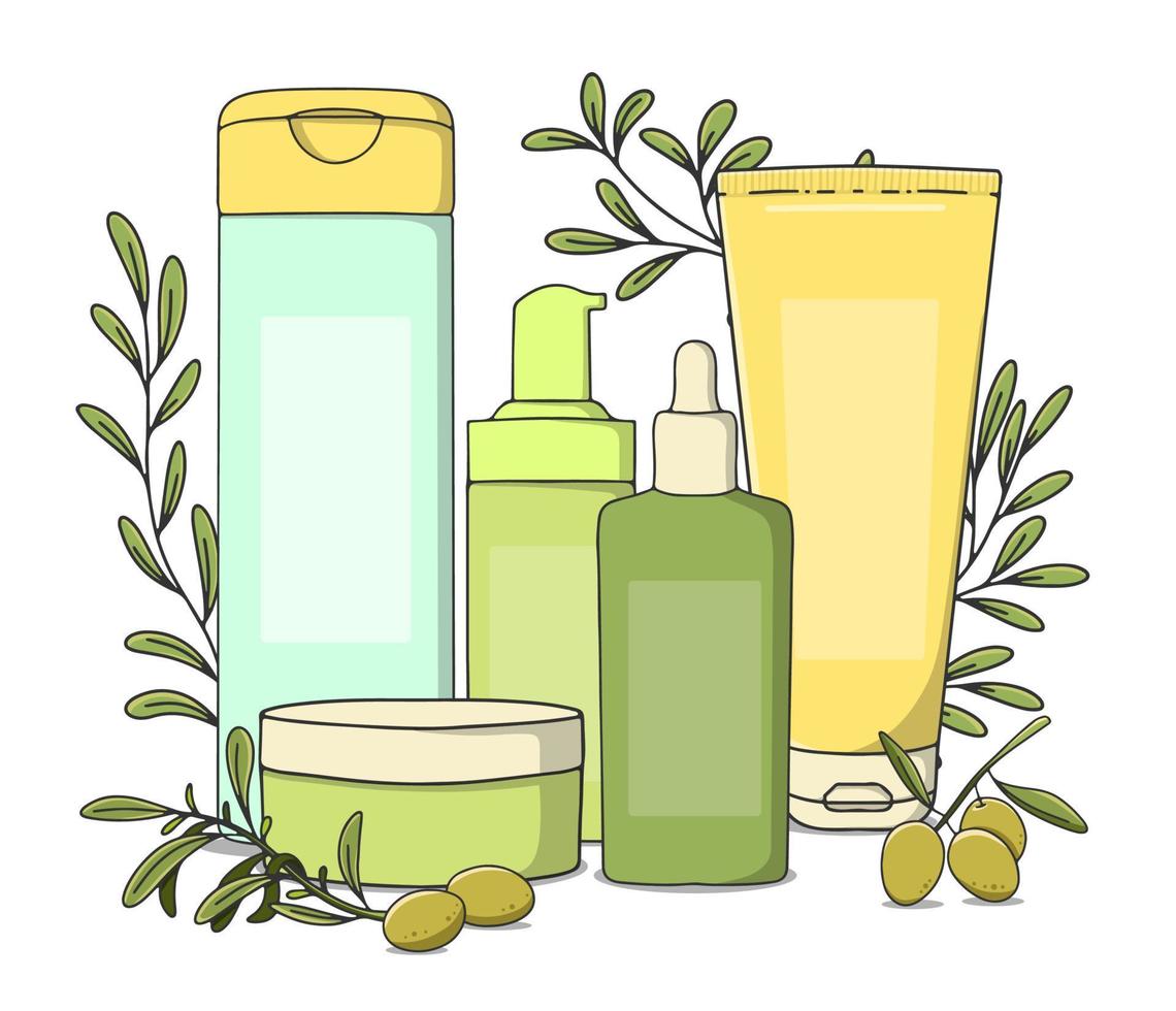 Vector illustration hair care product. A set of tubes and bottles of cosmetics for hair. Soap pump bottle. Olive gel, balm, conditioner, mask, oil.