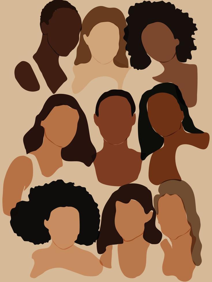 The concept of women's friendship and the movement for women's rights. Nine elegant silhouettes of girls and women in a minimalist boho style. Women of different skin and hair style together vector