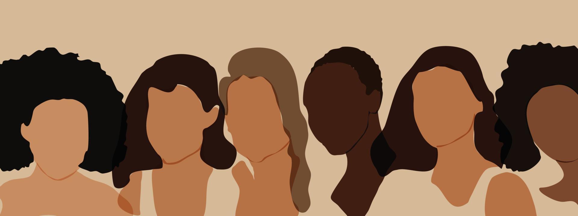 el concepto de amistad de las mujeres y el movimiento por los derechos de las mujeres. seis siluetas elegantes de niñas y mujeres en una pancarta de estilo boho minimalista. mujeres de diferente piel y estilo de cabello juntas vector