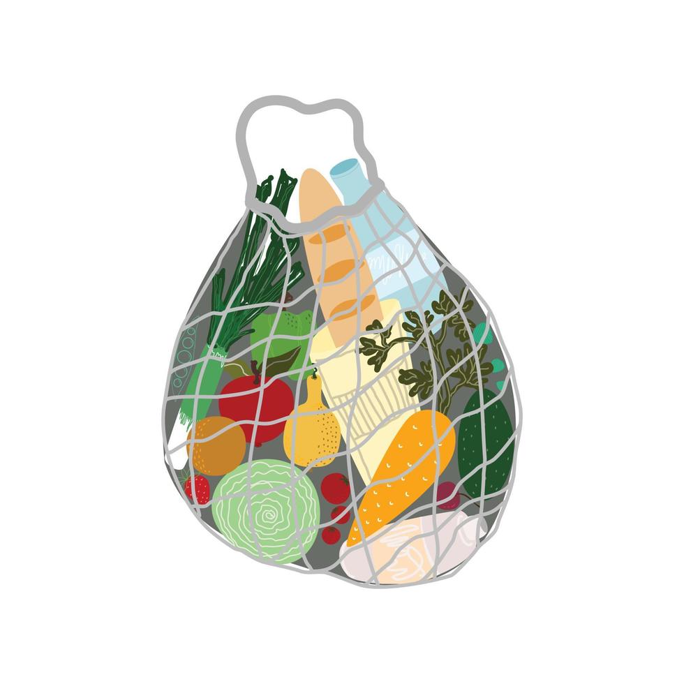 bolso orgánico de compras de tortugas con ilustración de vector plano de productos. compras de comestibles con alimentos naturales, frutas y verduras orgánicas. artículos de tiendas departamentales.