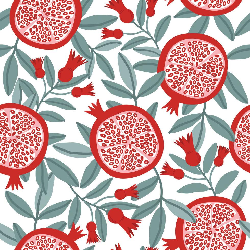 Floral seamless pattern with pomegranate fruits and seeds illustration. Vector Design for cosmetics, spa, pomegranate juice, health care products, perfume. Transparent background.