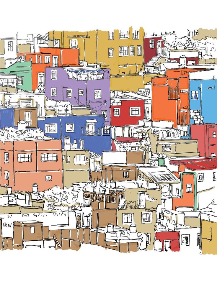 Scene street illustration. Slums and poverty. Hand-drawn ink line colorful sketch of poor districts. Postcards design of in outline style, panorama view. vector