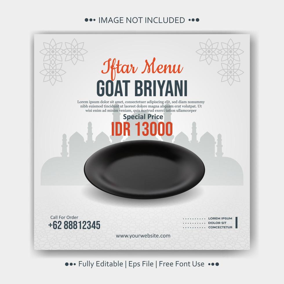 Social media banner post for arabic food goat biryani rice Iftar discount template vector