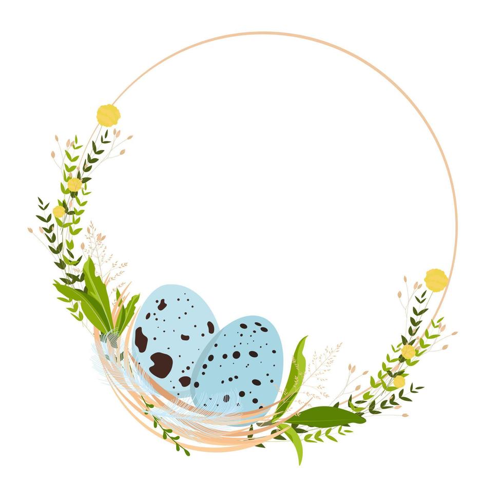 Quail eggs. A bird's nest. Spring frame made of small wildflowers. Easter circle template. Vector stock illustration of a summer wreath. Isolated on a white background.