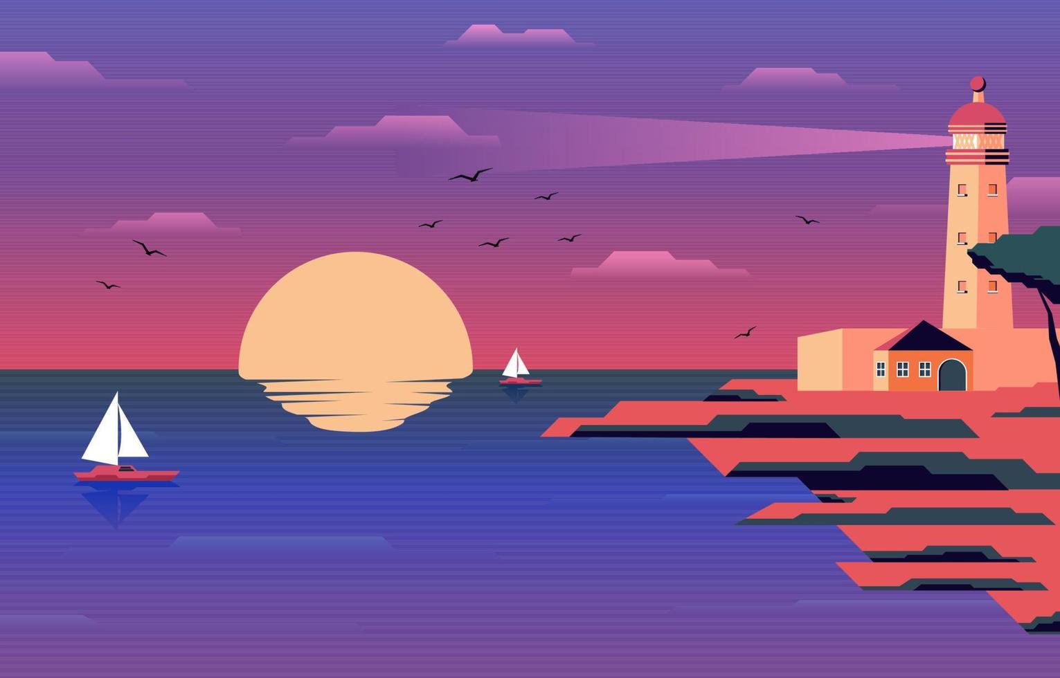 Sunset Beach with Lighthouse and Ship Background vector