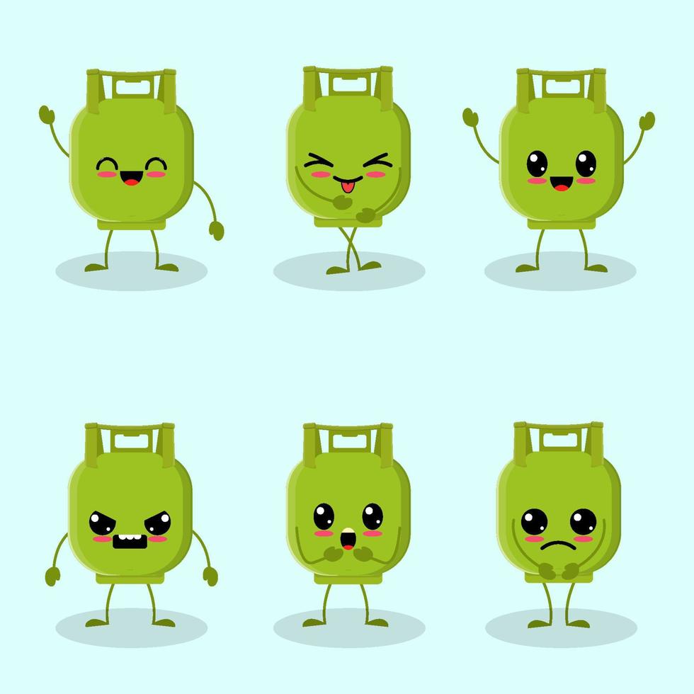 Set of six kawaii lpg gas cylinder with various expressions vector