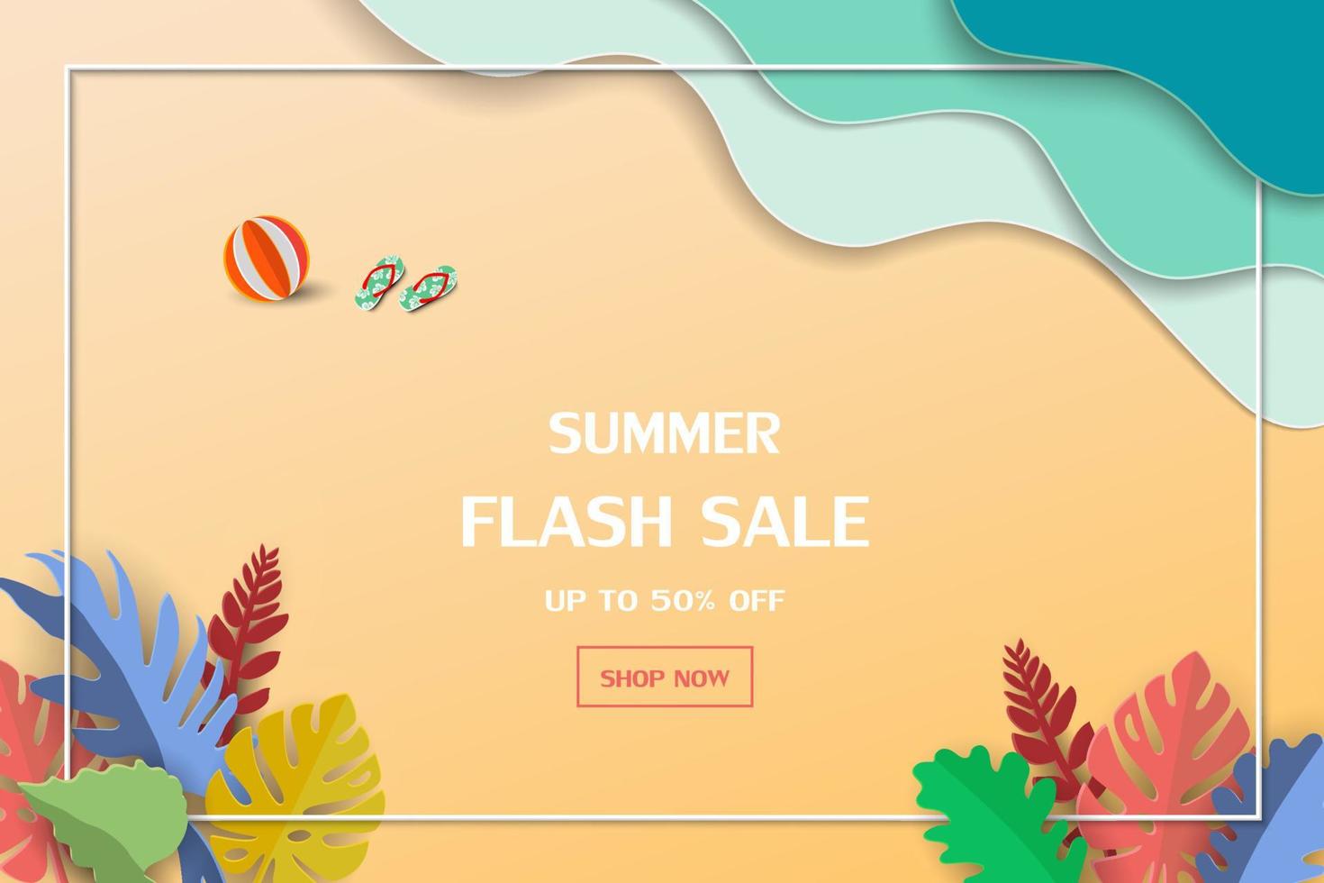 fondo de venta de verano con vista de corte de papel del mar azul, hojas tropicales y diseño de playa para afiches, pancartas web, cupones de descuento o promoción de compras vector