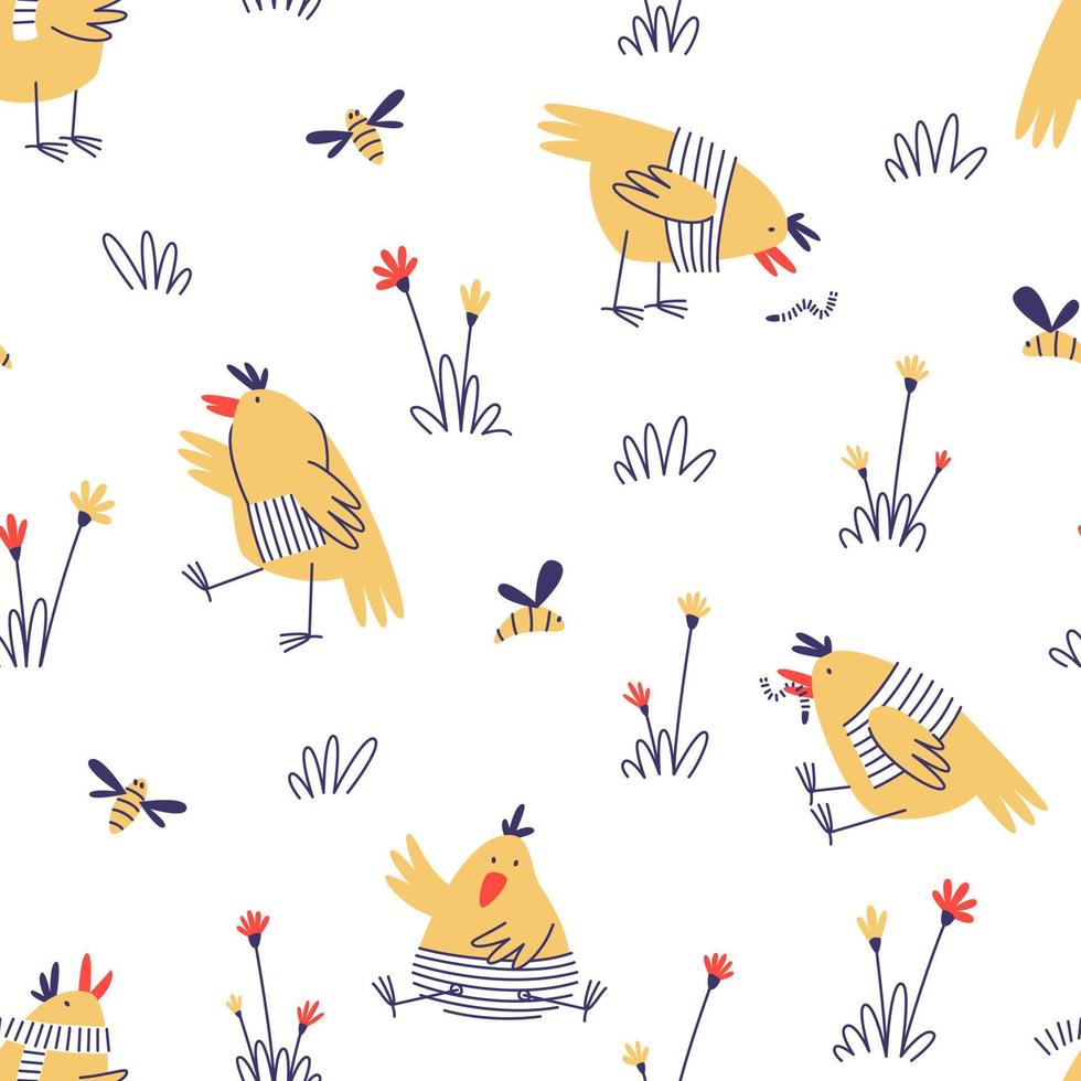 Seamless pattern with chickens in striped clothes for newborn clothes design vector