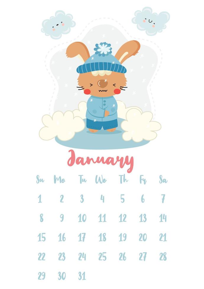 Vertical vector calendar for January 2023 with cute cartoon winter rabbit. The year of the rabbit according to the Chinese calendar, symbol of 2023. Week starts on Sunday.