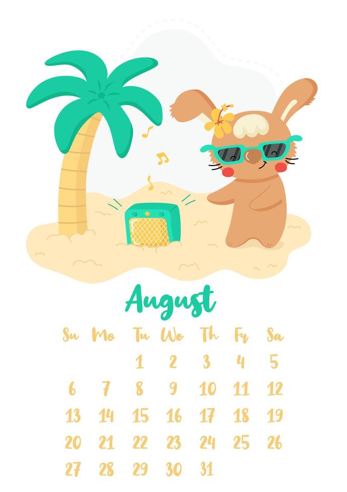 Vertical vector calendar for august 2023 with cute cartoon rabbit dancing on the sand. The year of the rabbit according to the Chinese calendar, symbol of 2023. Week starts on Sunday.