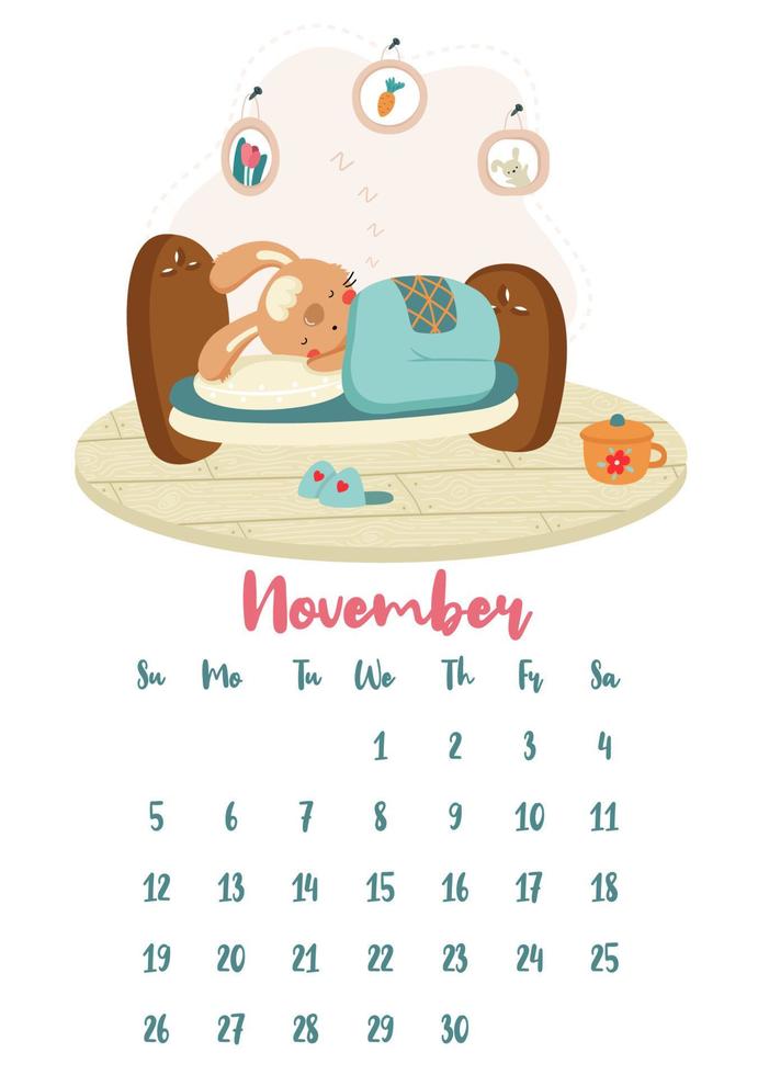 Vertical vector calendar for november 2023 with cute cartoon rabbit sleeping in bed. The year of the rabbit according to the Chinese calendar, symbol of 2023. Week starts on Sunday.