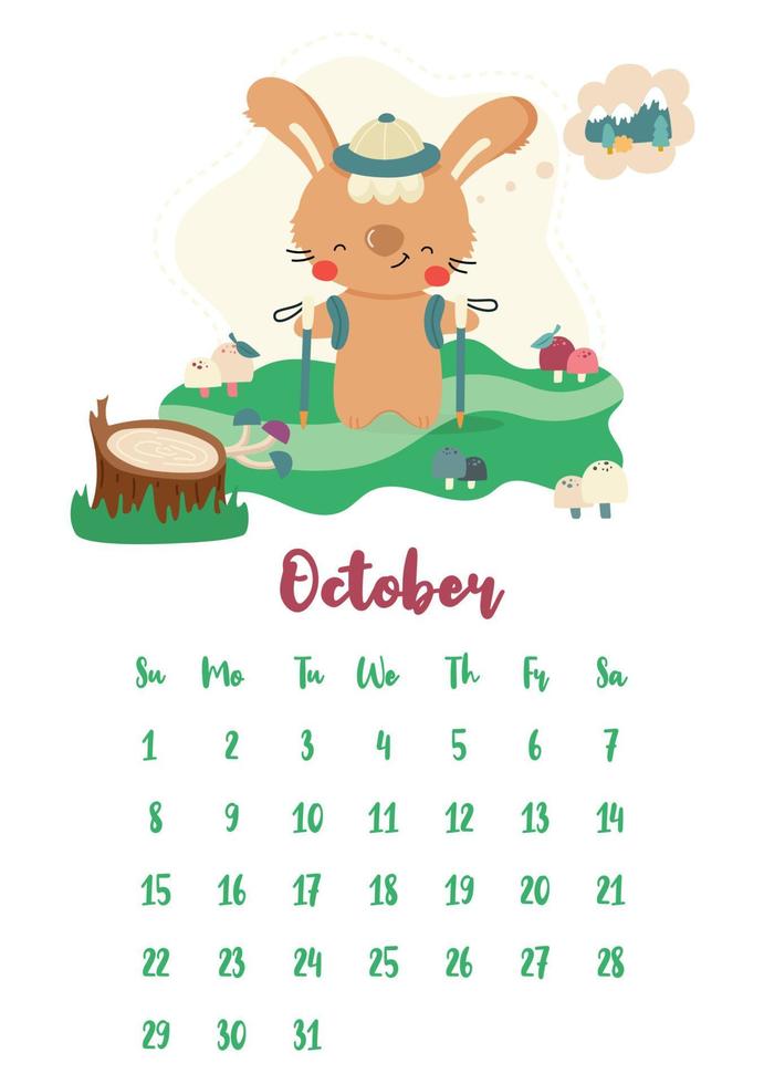 Vertical vector calendar for october 2023 with cute cartoon rabbit traveler hiking in the woods. The year of the rabbit according to the Chinese calendar, symbol of 2023. Week starts on Sunday.