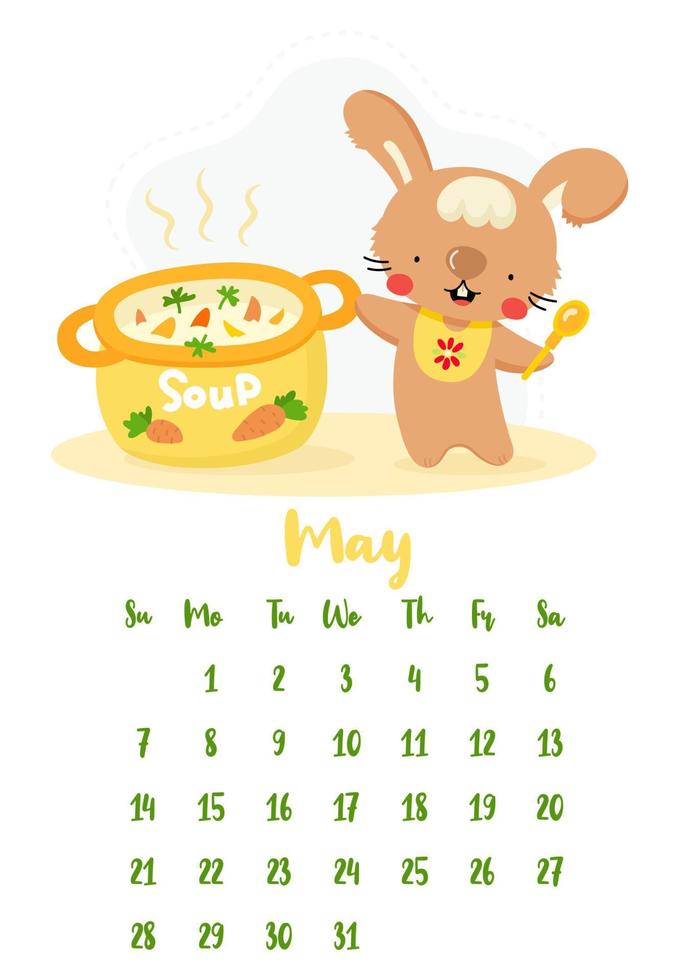 Vertical vector calendar for may 2023 with cute cartoon rabbit cooking a soup. The year of the rabbit according to the Chinese calendar, symbol of 2023. Week starts on Sunday.