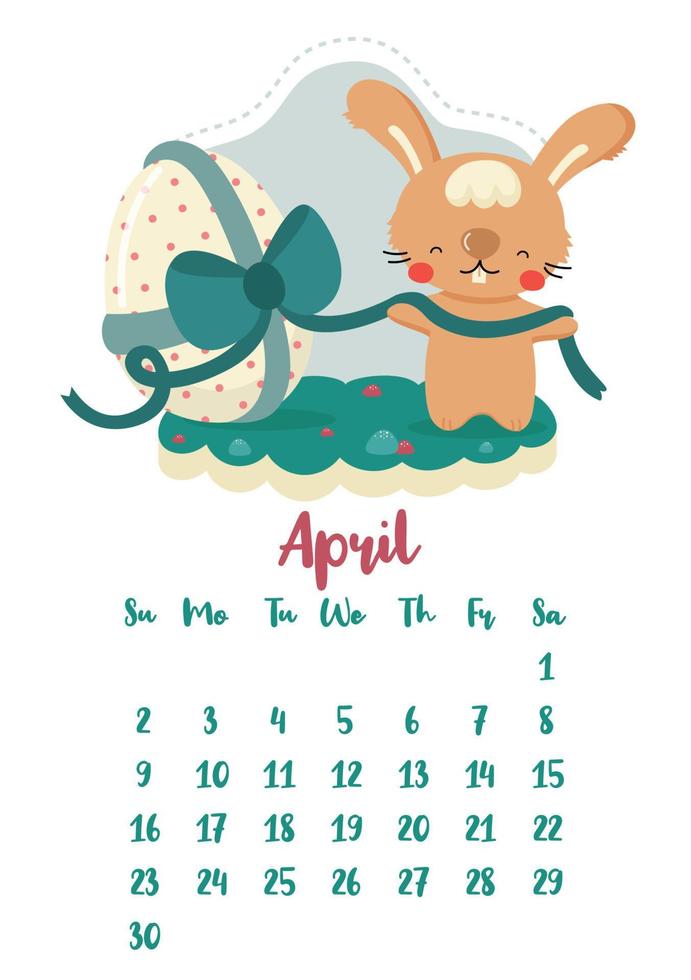 Vertical vector calendar for april 2023 with cute cartoon Easter rabbit with an egg. The year of the rabbit according to the Chinese calendar, symbol of 2023. Week starts on Sunday.