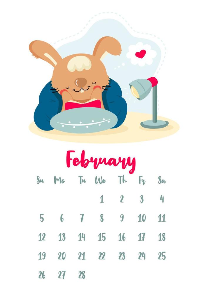 Vertical vector calendar for February 2023 with cute cartoon reading rabbit. The year of the rabbit according to the Chinese calendar, symbol of 2023. Week starts on Sunday.