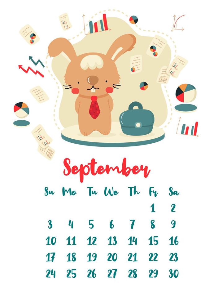 Vertical vector calendar for september 2023 with cute cartoon business rabbit. The year of the rabbit according to the Chinese calendar, symbol of 2023. Week starts on Sunday.