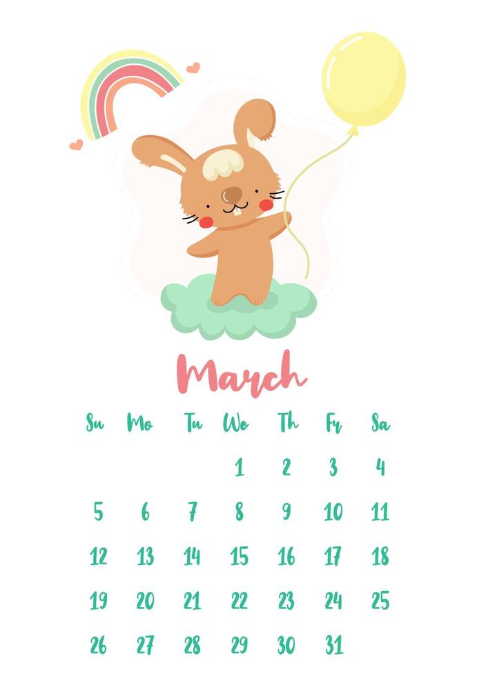 Vertical vector calendar for March 2023 with cute cartoon rabbit holding a balloon. The year of the rabbit according to the Chinese calendar, symbol of 2023. Week starts on Sunday.