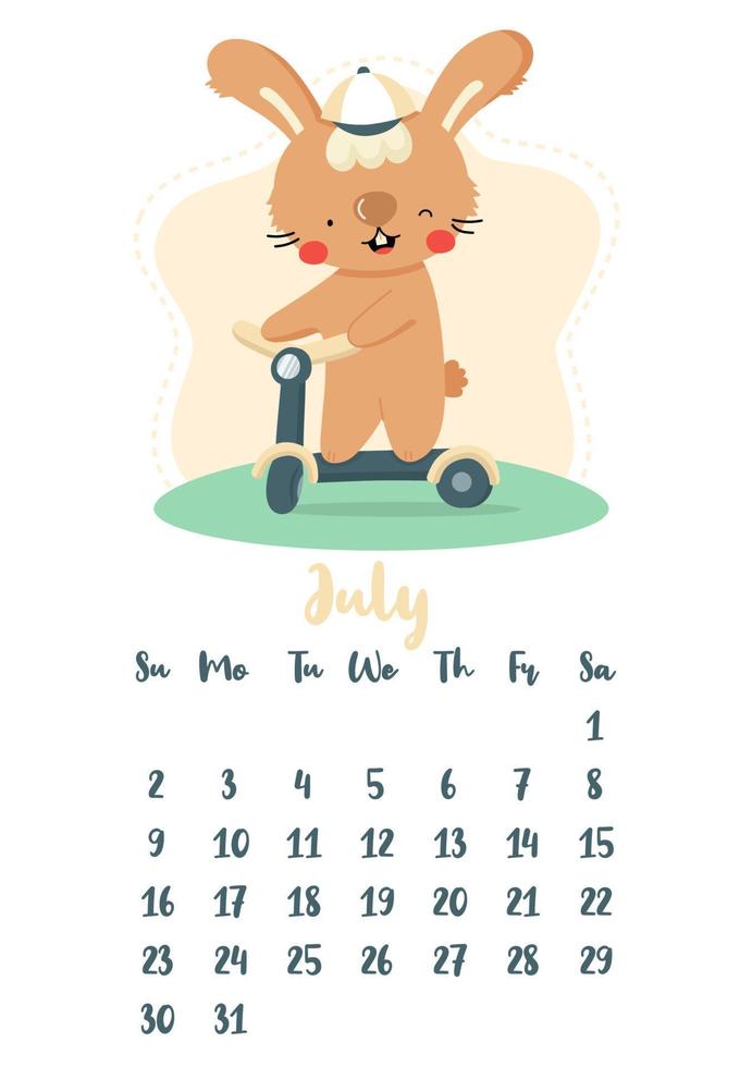 Vertical vector calendar for july 2023 with cute cartoon rabbit riding a scooter. The year of the rabbit according to the Chinese calendar, symbol of 2023. Week starts on Sunday.